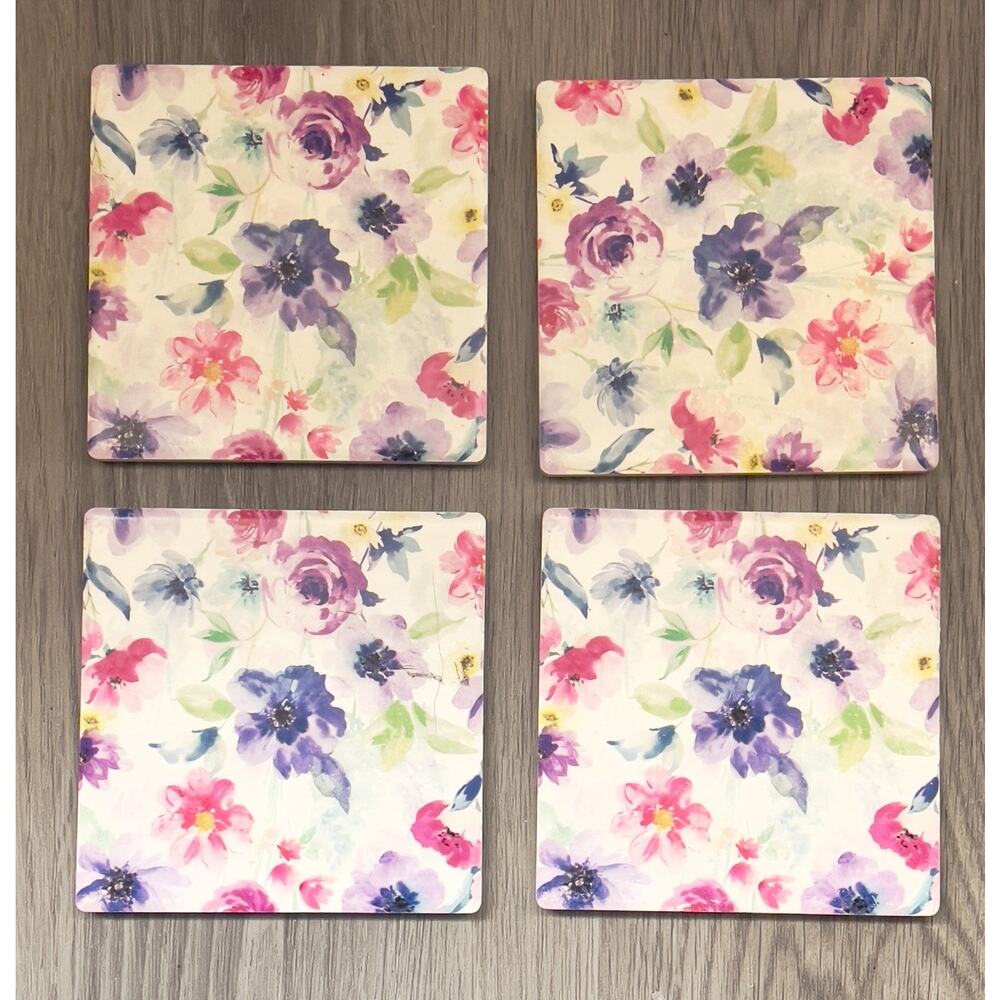 The Spring Shop Coasters Set of 4 Floral Pink Purple Blue Ceramic Cork Back